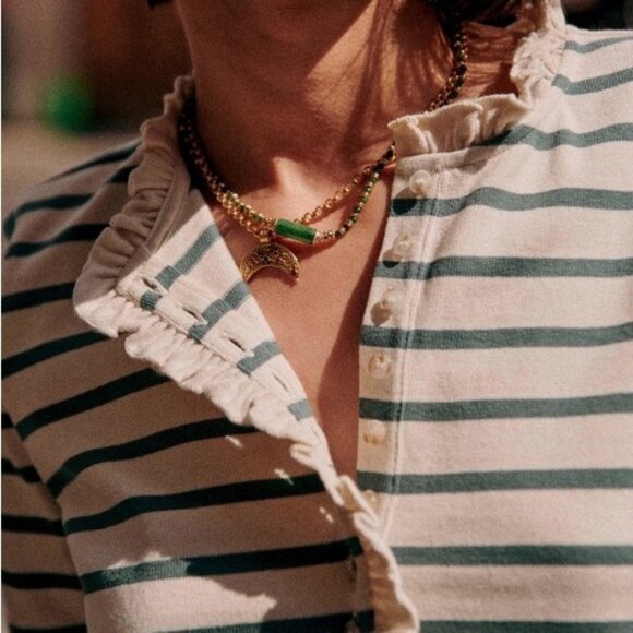 Sezane Gael Marinere Top Striped Henley Size Small French Nautical Stripe Ruffle - Picture 2 of 15